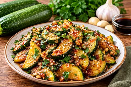 Кабачки с чесноком и соевым соусом на сковороде